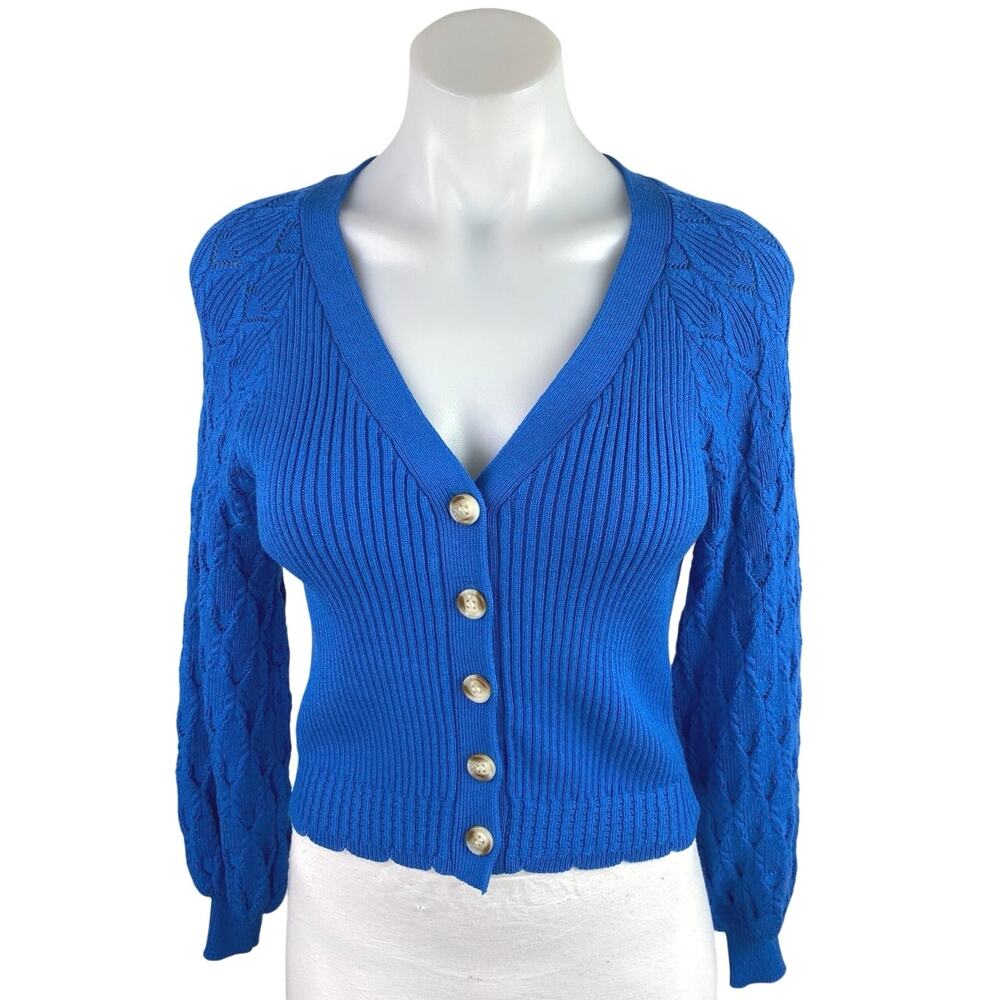 Current Air Blue Rib Cable Knit Long Sleeve Button Up Cardigan Sweater Top XS